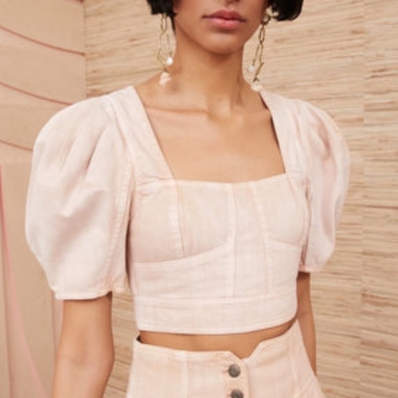 Ulla Johnson Renee Square Neck Denim Puff Sleeve Corset Cropped Top Pink Sz 0 - Picture 3 of 10
